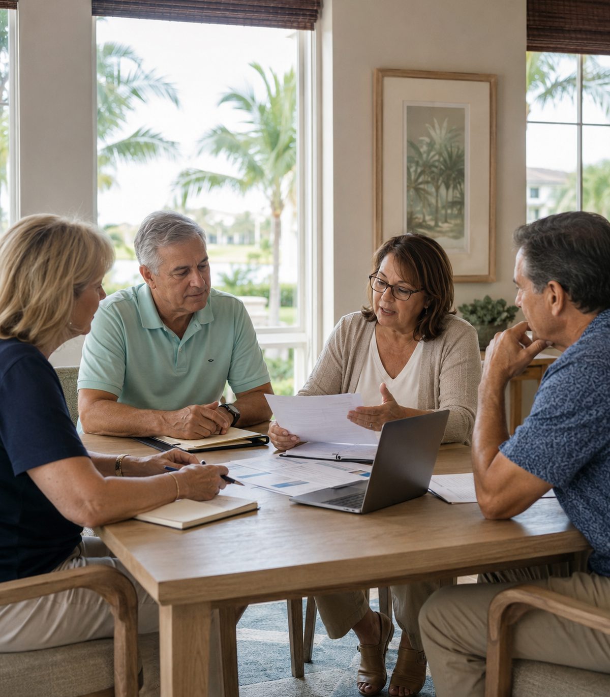 Association board members reviewing financial documents around a table