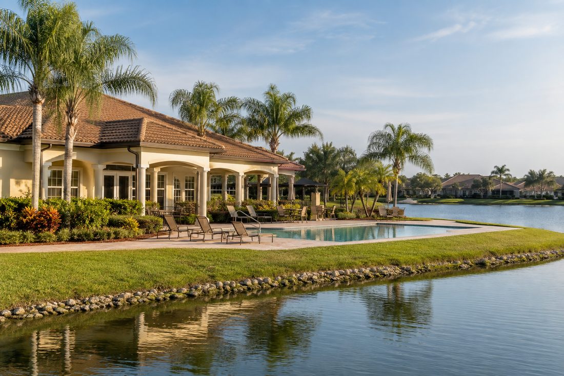 Community clubhouse and pool beside a lake in Southwest Florida